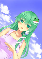 Rule 34 | 1girl, apron, blue sky, blush, breasts, cloud, cloudy sky, cookie (touhou), day, dutch angle, covered erect nipples, frog hair ornament, green eyes, green hair, hair ornament, highres, kochiya sanae, long hair, looking at viewer, matching hair/eyes, medium breasts, naked apron, open mouth, paseri (cookie), sky, smile, snake hair ornament, solo, szk, touhou
