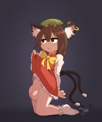 1futa 1girl absurdres animal_ear_fluff animal_ear_piercing animal_ears blush bow bowtie breasts brown_eyes brown_hair cat_ears cat_tail chen earrings flaccid frills futanari green_hat hair_between_eyes hat highres jewelry large_penis large_testicles long_sleeves medium_hair mob_cap multiple_tails nail_polish nekomata penis red_nails red_vest riiya_(riiya932) simple_background single_earring slit_pupils small_breasts socks solo tail testicles touhou two_tails vest white_socks yellow_bow yellow_bowtie