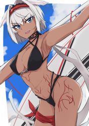 Rule 34 | 1girl, animal ears, bare shoulders, bikini, black bikini, blue eyes, blue sky, body markings, breasts, caenis (fate), caenis (swimsuit rider) (fate), cleavage, collarbone, fate/grand order, fate (series), goggles, hairband, harpoon, highres, large breasts, long hair, looking at viewer, navel, open mouth, sky, smile, solo, surfboard, swimsuit, thighs, very long hair, white hair