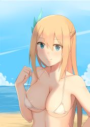 Rule 34 | 1girl, absurdres, areola slip, bad id, bad pixiv id, beach, blonde hair, blue eyes, braid, breasts, day, ero mang-a, half updo, highres, large breasts, lexington (warship girls r), long hair, looking at viewer, ocean, smile, solo, strap lift, upper body, very long hair, warship girls r