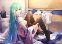 Rule 34 | 1girl, bare shoulders, black pantyhose, breasts, clothes pull, crotch seam, detached sleeves, green hair, highres, kalalasan, kochiya sanae, large breasts, long hair, looking at viewer, pantyhose, pantyhose pull, see-through, sitting, smile, solo, touhou, umbrella, undressing, very long hair, wet, yellow eyes