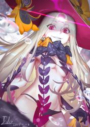 Rule 34 | 1girl, abigail williams (fate), abigail williams (third ascension) (fate), bare shoulders, bikini, black bikini, black bow, black hat, bow, breasts, bubble, colored skin, fate/grand order, fate (series), forehead, glowing, glowing eye, grin, hat, highres, hip focus, keyhole, li chunfu, long hair, looking at viewer, navel, orange bow, parted bangs, pink eyes, polka dot, polka dot bow, slit pupils, small breasts, smile, solo, stuffed animal, stuffed toy, swimsuit, tentacles, third eye, white hair, white skin, witch hat