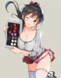 Rule 34 | 1girl, arcade stick, black hair, blush, breasts, cleavage, collarbone, commentary request, controller, cowboy shot, game controller, grey background, grin, joystick, lace, lace-trimmed legwear, lace trim, large breasts, long hair, long sleeves, looking at viewer, miniskirt, one eye closed, original, panties, pantyshot, pink panties, pleated skirt, ponytail, scoop neck, simple background, skirt, smile, solo, standing, standing on one leg, thighhighs, underwear, white thighhighs, yaegashi nan, yellow eyes, zettai ryouiki