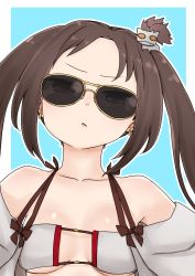 Rule 34 | 1girl, aviator sunglasses, bare shoulders, bikini, blue background, breasts, brown-tinted eyewear, brown hair, collarbone, earrings, fate/grand order, fate (series), forehead, hair ornament, highres, i.u.y, jewelry, long hair, looking at viewer, outline, parted bangs, parted lips, sidelocks, small breasts, solo, sunglasses, swimsuit, tinted eyewear, twintails, two-tone background, upper body, white background, white bikini, white outline, yellow-framed eyewear, yu mei-ren (fate), yu mei-ren (swimsuit lancer) (fate)