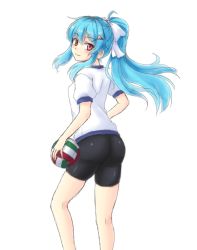 Rule 34 | 1girl, alternate hairstyle, ass, ball, bike shorts, blue hair, food, fruit, gym uniform, hair ornament, hairclip, hinanawi tenshi, isaki (gomi), long hair, looking at viewer, looking back, peach, pink eyes, ponytail, puffy short sleeves, puffy sleeves, shirt, short sleeves, simple background, smile, solo, touhou, very long hair, volleyball, volleyball (object)