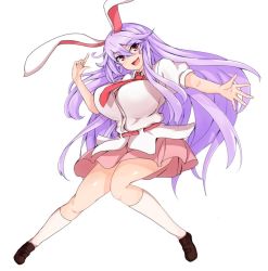 Rule 34 | 1girl, :d, animal ears, blush, breasts, full body, highres, huge breasts, long hair, looking at viewer, miniskirt, necktie, open mouth, pink eyes, pink skirt, puffy short sleeves, puffy sleeves, purple hair, rabbit ears, red necktie, reisen udongein inaba, shirt, short sleeves, skirt, smile, socks, solo, sprout (33510539), swept bangs, touhou, very long hair, white shirt, white socks