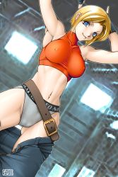Rule 34 | 1girl, armpits, arms up, belt, belt skirt, blonde hair, blue eyes, blue mary, breasts, cameltoe, clothes pull, covered erect nipples, fatal fury, fingerless gloves, gloves, grey panties, halterneck, highres, large breasts, midriff, panties, qkat (arikawa-dou), short hair, smile, snk, solo, sweat, the king of fighters, underwear, undressing