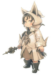 Rule 34 | 1other, absurdres, animal ears, animal hood, arms at sides, belt, black footwear, blush, boots, character request, closed mouth, clothing request, commentary request, copyright request, feral lemma, final fantasy, final fantasy xiv, flat chest, full body, hair over one eye, highres, holding, holding weapon, hood, hooded coat, hoodie, long sleeves, looking at viewer, looking to the side, mace, paid reward available, simple background, solo, standing, tagme, weapon, white background