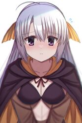 Rule 34 | 1girl, ahoge, ayachi nene, black bra, black cloak, blush, bra, breasts, cleavage, cloak, closed mouth, clothing cutout, collarbone, commentary request, cosplay, embarrassed, eyes visible through hair, flying sweatdrops, frown, grey hair, hair between eyes, hair ribbon, halloween costume, highres, large breasts, long hair, looking at viewer, mahigu re, midriff, nose blush, orange cloak, orange ribbon, purple eyes, red ribbon, ribbon, sanoba witch, solo, split mouth, stomach cutout, straight-on, straight hair, togakushi touko, togakushi touko (cosplay), two-tone cloak, underwear, upper body, v arms, very long hair