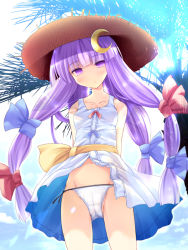 Rule 34 | 1girl, :&lt;, ai takurou, alternate costume, arms behind back, bare shoulders, bow, collarbone, crescent, crescent hair ornament, dress, expressionless, female focus, groin, hair bow, hair ornament, hat, long hair, looking at viewer, panties, pantyshot, patchouli knowledge, purple hair, see-through, side-tie panties, skirt, skirt flip, solo, straw hat, sundress, touhou, underwear, upskirt, very long hair, white panties