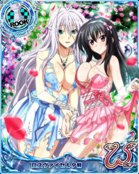 Rule 34 | 10s, 2girls, black hair, blue eyes, breasts, card (medium), cleavage, dress, high school dxd, jewelry, large breasts, long hair, multiple girls, necklace, official art, purple eyes, raynare, rossweisse, silver hair, smile, standing, torn clothes