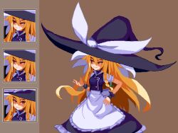 Rule 34 | 1girl, apron, black headwear, black skirt, black vest, blonde hair, bow, breasts, brodall pixel, brown background, collared shirt, cowboy shot, expression chart, green bow, hand on own hip, hat, hat bow, highres, kirisame marisa, long hair, multiple views, oversized hat, pixel art, puffy sleeves, shirt, skirt, small breasts, smile, smug, touhou, very long hair, vest, waist apron, white apron, white bow, witch hat, wrist cuffs, yellow eyes