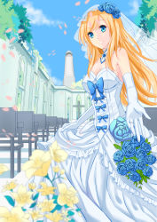 Rule 34 | 1girl, 5plus, absurdres, blonde hair, blue eyes, blue sky, bouquet, breasts, bridal veil, choker, cleavage, clothes lift, cloud, cross, day, dress, elbow gloves, flower, gloves, highres, medium breasts, outstretched arm, petals, richelieu (warship girls r), rose, skirt, skirt lift, sky, solo, veil, warship girls r, wedding dress