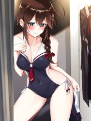 Rule 34 | 1girl, ahoge, alternate costume, blue eyes, blush, braid, breasts, brown hair, cleavage, closed mouth, commentary request, covered navel, groin, hair between eyes, hair flaps, hair ornament, hair over shoulder, hair ribbon, hairclip, hand on own chest, kantai collection, long hair, looking at viewer, medium breasts, navel, one-piece swimsuit, pleated skirt, ribbon, shigure (kancolle), shigure kai ni (kancolle), side-tie swimsuit, single braid, skirt, unworn skirt, solo, standing, swimsuit, youmou usagi