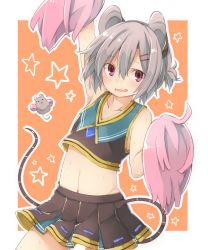 Rule 34 | 1girl, adapted costume, akagashi hagane, alternate costume, alternate hairstyle, animal, animal ears, arm up, blush, cheerleader, grey hair, hair ornament, hairclip, looking at viewer, midriff, mouse (animal), mouse ears, mouse tail, navel, nazrin, open mouth, orange background, pink eyes, pom pom (cheerleading), ponytail, shirt, short hair, simple background, skirt, skirt set, sleeveless, smile, star (symbol), sweat, tail, touhou, wavy mouth