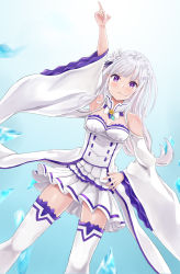 Rule 34 | 1girl, absurdres, arm up, armpits, blue background, blush, boots, braid, breasts, cleavage, closed mouth, crown braid, detached sleeves, dutch angle, emilia (re:zero), floating hair, flower, frown, gradient background, hair flower, hair ornament, hair ribbon, hand on own hip, highres, index finger raised, long hair, long sleeves, looking at viewer, low-tied long hair, medium breasts, miniskirt, mossan (mossan-777), pleated skirt, purple eyes, purple ribbon, re:zero kara hajimeru isekai seikatsu, ribbon, silver hair, skirt, solo, standing, thigh boots, thighhighs, very long hair, white flower, white footwear, white skirt, white sleeves, wide sleeves, zettai ryouiki