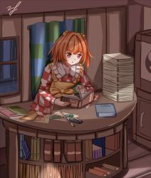 Rule 34 | 1girl, apron, bell, book, bookshelf, checkered clothes, checkered kimono, commentary, curtains, english commentary, hair bell, hair ornament, highres, holding, holding book, indoors, japanese clothes, kimono, looking at viewer, motoori kosuzu, night, open mouth, orange eyes, orange hair, orb, paintbrush, paper stack, rain, reading, scroll, short hair, signature, smile, solo, touhou, twintails, upper body, vanilla flan, wide sleeves, window, yellow apron, yin yang, yin yang orb