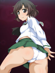 Rule 34 | 10s, 1girl, akiyama yukari, arm behind back, ass, black neckerchief, blouse, brown eyes, brown hair, cameltoe, closed mouth, crotch seam, from behind, from below, girls und panzer, green skirt, highres, long sleeves, looking at viewer, looking back, messy hair, microskirt, miniskirt, neckerchief, ooarai school uniform, ouhashi, panties, pantyshot, pleated skirt, school uniform, serafuku, shirt, short hair, skirt, smile, solo, standing, thighs, trefoil, underwear, white panties, white shirt