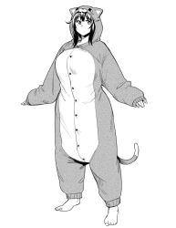 Rule 34 | 1girl, animal costume, breasts, buttons, cat costume, female focus, fukumaaya, full body, greyscale, large breasts, long hair, long sleeves, monochrome, simple background, sleeves past wrists, solo, standing, white background