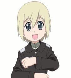 Rule 34 | 1girl, ^ ^, animated, animated gif, blonde hair, blue eyes, closed eyes, dancing, erica hartmann, hidamari sketch, miyako (hidamari sketch), open mouth, parody, short hair, simple background, smile, solo, strike witches, uniform, world witches series