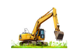 Rule 34 | absurdres, commentary request, excavator, grass, highres, machinery, motor vehicle, no humans, original, simple background, soranokakera01, vehicle focus, white background