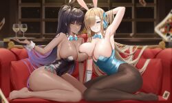 Rule 34 | 2girls, absurdres, animal ears, asuna (blue archive), asuna (bunny) (blue archive), asymmetrical docking, bare legs, barefoot, black hair, black leotard, blue archive, blue eyes, blue leotard, breast press, breasts, brown eyes, collarbone, couch, dark-skinned female, dark skin, detached collar, fake animal ears, full body, highres, holding, holding tray, huge breasts, indoors, karin (blue archive), karin (bunny) (blue archive), leotard, light brown hair, long hair, looking at viewer, multiple girls, night, no shoes, official alternate costume, on couch, playboy bunny, samart, sideboob, thighhighs, tray, very long hair, wrist cuffs