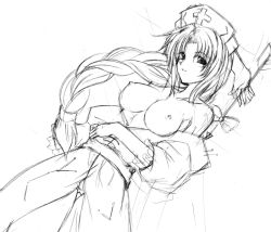 1girl arrow_(projectile) braid breasts female_focus greyscale hagane_soushi hat large_breasts long_hair monochrome nipples panties sketch solo touhou underwear very_long_hair white_background yagokoro_eirin