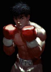 Rule 34 | 1boy, abs, black eyes, black hair, blurry, boxing gloves, boxing shorts, cowboy shot, fighting stance, gerald parel, hajime no ippo, highres, light, makunouchi ippo, male focus, manly, muscular, realistic, topless male, shorts, solo, upper body