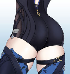 Rule 34 | 1girl, absurdres, ass, ass focus, black thighhighs, brulee, eula (genshin impact), from behind, genshin impact, gradient background, head out of frame, highres, leotard, shiny clothes, shiny skin, short shorts, shorts, simple background, solo, thighhighs, thighs
