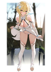 Rule 34 | 1girl, absurdres, bare shoulders, blonde hair, blush, boots, border, breasts, clothes lift, detached sleeves, dress, exhibitionism, feather hair ornament, feathers, flower, full body, genshin impact, hair flower, hair ornament, highres, houkisei, large breasts, leaning forward, lifting own clothes, looking at viewer, lumine (genshin impact), navel, paid reward available, panties, public indecency, sidelocks, skirt, skirt lift, solo, thigh boots, thighhighs, thighs, underwear, white border, white dress, white panties, yellow eyes