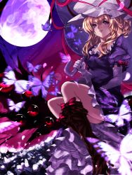Rule 34 | 1girl, alternate hairstyle, blonde hair, blurry, blush, boots, bow, breasts, bug, butterfly, cleavage, depth of field, dress, elbow gloves, female focus, floral print, flower, footwear bow, full moon, gap (touhou), gloves, hair between eyes, hair bun, hair up, hat, highres, holding, holding umbrella, insect, karlwolf, knee boots, lily of the valley, long hair, looking at viewer, medium breasts, mob cap, moon, night, parted lips, petals, purple dress, purple eyes, purple theme, red eyes, ribbon trim, shiny skin, shoes, short hair with long locks, short sleeves, single hair bun, smile, solo, thighs, touhou, umbrella, white gloves, yakumo yukari