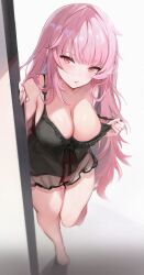 Rule 34 | 1girl, bare shoulders, barefoot, black nightgown, blush, bra, bra pull, breasts, cleavage, clothes lift, clothes pull, highres, hololive, hololive english, koahri, large breasts, lingerie, long hair, looking at viewer, messy hair, mori calliope, mori calliope (sleepwear), nightgown, one breast out, open mouth, pink eyes, pink hair, see-through, sleepwear, smile, solo, strap slip, underwear, virtual youtuber