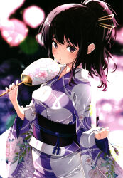 Rule 34 | 1girl, black hair, blush, breasts, brown eyes, hand fan, holding, holding fan, inoue takina, izumi mahiru, japanese clothes, kimono, long hair, looking at viewer, lycoris recoil, open mouth, outdoors, paper fan, ponytail, small breasts, solo, yukata