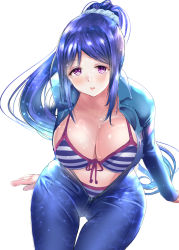 Rule 34 | 1girl, arm support, bad id, bad pixiv id, bikini, blue hair, blush, bodysuit, breasts, commentary request, diving suit, front-tie bikini top, front-tie top, highres, large breasts, long hair, looking at viewer, love live!, love live! school idol festival, love live! sunshine!!, matsuura kanan, open bodysuit, open clothes, open mouth, ponytail, ponytail korosuke, purple eyes, revision, simple background, sitting, solo, striped bikini, striped clothes, swimsuit, very long hair, wetsuit, white background