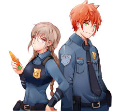Rule 34 | 1boy, 1girl, badge, belt, belt buckle, belt pouch, braid, buckle, carrot, closed mouth, commentary, green eyes, grey hair, hair between eyes, hand on own hip, highres, holding, holding carrot, judy hopps, long hair, long sleeves, looking at viewer, necktie, nick wilde, orange hair, police, police uniform, policewoman, pouch, purple eyes, short hair, simple background, smile, twin braids, uniform, white background, xip3, zootopia
