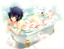 Rule 34 | 1girl, absurdres, arched back, ass, barefoot, bath, bathing, bathtub, blue eyes, blue hair, breasts, blowing bubbles, carnelian, cleavage, feet, hat, headphones, highres, matching hair/eyes, nude, para-sol, parted lips, partially submerged, rubber duck, scan, short hair, small breasts, solo, top hat, water, yatabe miu