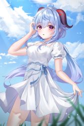 Rule 34 | 1girl, absurdres, ahoge, blue hair, blue sky, breasts, cloud, day, dress, ganyu (genshin impact), genshin impact, highres, horns, long hair, looking at viewer, low ponytail, medium breasts, outdoors, parted lips, purple eyes, sidelocks, sky, solo, standing, sunlight, white dress, zuu 1730