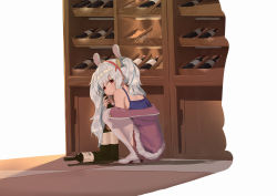 Rule 34 | 1girl, absurdres, animal ears, azur lane, bare shoulders, bottle, chinese commentary, commentary request, expressionless, fake animal ears, from side, fur-trimmed jacket, fur trim, highres, holding, holding bottle, jacket, konbix, laffey (azur lane), long hair, looking at viewer, off shoulder, pink jacket, pink skirt, pleated skirt, rabbit ears, red eyes, sidelocks, silver hair, skirt, solo, spaghetti strap, squatting, thighhighs, turning head, twintails, white footwear, white thighhighs, wine bottle, wine cellar