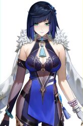 Rule 34 | 1girl, asymmetrical gloves, bare shoulders, black gloves, black pants, blue dress, blue hair, blunt bangs, bob cut, breasts, cleavage, commentary, cowboy shot, dress, earrings, fur-trimmed jacket, fur trim, genshin impact, gloves, green eyes, grin, highres, iqbqlz, jacket, jacket on shoulders, jewelry, leggings, looking at viewer, medium breasts, mismatched gloves, pants, parted lips, purple lips, short dress, short hair, sleeveless, sleeveless dress, smile, solo, standing, thighs, white background, white gloves, white jacket, yelan (genshin impact)