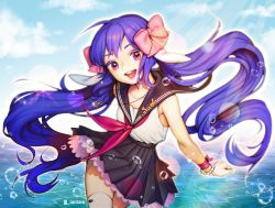 Rule 34 | 1girl, absurdres, anchor, black skirt, blue hair, blue sky, bow, bracelet, clenched hand, hair bow, highres, huge filesize, jewelry, lantam, long hair, looking at viewer, necklace, open mouth, original, outdoors, pink bow, pink eyes, school uniform, serafuku, skirt, sky, solo, thighhighs, twintails, twitter username, very long hair, water, water drop, white thighhighs