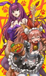 Rule 34 | 2girls, animal ear fluff, animal ears, animal hands, apron, bell, blush, bow, bowtie, breasts, cat paws, claws, cleavage, collar, collarbone, commentary request, eyebrows hidden by hair, fangs, fate/grand order, fate (series), fishnet legwear, fishnets, food, fox ears, fox girl, fox tail, frills, gae bolg (fate), hair bow, highres, holding, holding plate, holding weapon, jingle bell, kusama takato, large breasts, leotard, long hair, looking at viewer, maid apron, maid headdress, multiple girls, neck bell, official alternate costume, omelet, omurice, open mouth, pantyhose, paw print, pink hair, plate, playboy bunny, purple hair, rabbit ears, red bow, red eyes, sauce, scathach (fate), scathach (piercing bunny) (fate), short sleeves, sidelocks, smile, tail, tamamo (fate), tamamo cat (fate), tamamo cat (second ascension) (fate), teeth, thighhighs, tongue, vegetable, weapon, white legwear, yellow background, zettai ryouiki