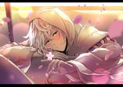 Rule 34 | 1boy, a ching, bishounen, blush, cherry blossoms, fate/grand order, fate (series), highres, hood, hood up, letterboxed, looking at viewer, male focus, merlin (fate), petals, pink eyes, pov, smile, solo, wavy hair, white hair, wide sleeves