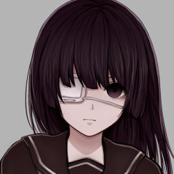 Rule 34 | 1girl, :|, asymmetrical bangs, bad id, bad pixiv id, black sailor collar, black shirt, closed mouth, commentary request, expressionless, eyebrows hidden by hair, grey background, hair between eyes, iagiluerbgnio, long hair, looking at viewer, original, portrait, purple eyes, purple hair, sailor collar, shirt, simple background, solo