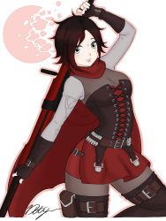 Rule 34 | 1girl, bad id, bad twitter id, belt, black hair, blush, boots, breasts, buckle, bullet, corset, draconety, gloves, grey eyes, highres, large breasts, lips, looking at viewer, multicolored hair, pantyhose, red hair, ruby rose, rwby, scarf, short hair, shorts, shorts under skirt, signature, skirt, smile, solo, thigh boots, thighhighs, thighs, watermark