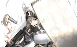 Rule 34 | 1girl, absurdres, animal ears, arknights, armor, ashlock (arknights), belt, breastplate, commentary request, grey eyes, grey hair, helmet, highres, holding, holding shield, holding weapon, horn/wood, looking at viewer, pauldrons, serious, shell casing, shield, short hair, shoulder armor, simple background, solo, translation request, weapon, white background