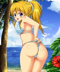 Rule 34 | 10s, 1girl, :t, ass, ayase eli, bare shoulders, between buttocks, bikini, blonde hair, blue eyes, blush, bra, breasts, butt crack, cameltoe, dimples of venus, from behind, highres, long hair, looking at viewer, love live!, love live! school idol project, ocean, open mouth, panties, ponytail, scrunchie, shiguko, shiny clothes, shiny skin, sideboob, solo, standing, striped bra, striped clothes, striped panties, swimsuit, tree, underwear, wedgie