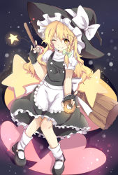 Rule 34 | 1girl, apron, black background, black footwear, black gloves, black hat, black skirt, black vest, blonde hair, bow, braid, broom, commentary request, fingerless gloves, frilled apron, frilled hat, frilled skirt, frills, full body, gloves, green bow, grin, hair between eyes, hair ribbon, hat, hat bow, heart, highres, kayu (553917372), kirisame marisa, knees together feet apart, light particles, long hair, looking at viewer, m/, mary janes, mini-hakkero, mushroom, one eye closed, puffy short sleeves, puffy sleeves, ribbon, shirt, shoes, short sleeves, side braid, single braid, sitting, skirt, smile, solo, star (symbol), touhou, tress ribbon, turtleneck, vest, waist apron, white apron, white bow, white legwear, white shirt, witch hat, yellow eyes