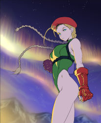 Rule 34 | 1girl, aurora, beret, blonde hair, blue eyes, blurry, braid, cammy white, capcom, chest harness, cowboy shot, curvy, depth of field, fingerless gloves, from behind, gloves, green leotard, harness, hat, henriiku (ahemaru), highleg, highleg leotard, leotard, long hair, looking at viewer, low twintails, mountain, night, night sky, red gloves, red hat, sky, solo, standing, star (sky), starry sky, street fighter, thick thighs, thighs, thong leotard, twin braids, twintails, very long hair, wide hips