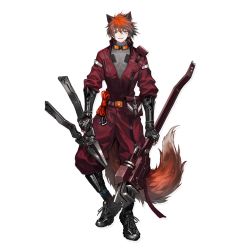 Rule 34 | 1boy, animal ears, arknights, belt, black footwear, black gloves, boots, chiave (arknights), fingerless gloves, fox ears, fox tail, full body, gloves, grey shirt, grin, hair between eyes, highres, holding, holding wrench, infukun, jumpsuit, long sleeves, looking at viewer, male focus, official art, orange hair, parted lips, pliers, pouch, red jumpsuit, shirt, smile, standing, tail, transparent background, vambraces, wrench