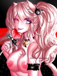 Rule 34 | 1girl, animal ears, armband, bear hair ornament, bell, black armband, black background, black bow, black choker, black ribbon, blonde hair, blue eyes, bow, breasts, candy, cat ears, choker, closed mouth, danganronpa: trigger happy havoc, danganronpa (series), ears, enoshima junko, food, hair ornament, heart-shaped lollipop, large breasts, lollipop, looking at viewer, multicolored background, neck bell, nipples, one eye closed, red background, ribbon, simple background, tongue, tongue out, topless, upper body, wink, zetsushima